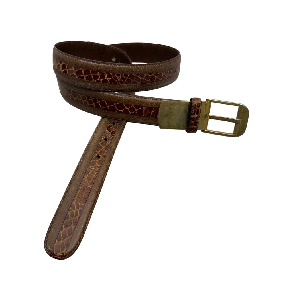 Maeni Parma Belt Mens Brown Leather Croc Exotic Inlay Gold Tone Buckle Italy *